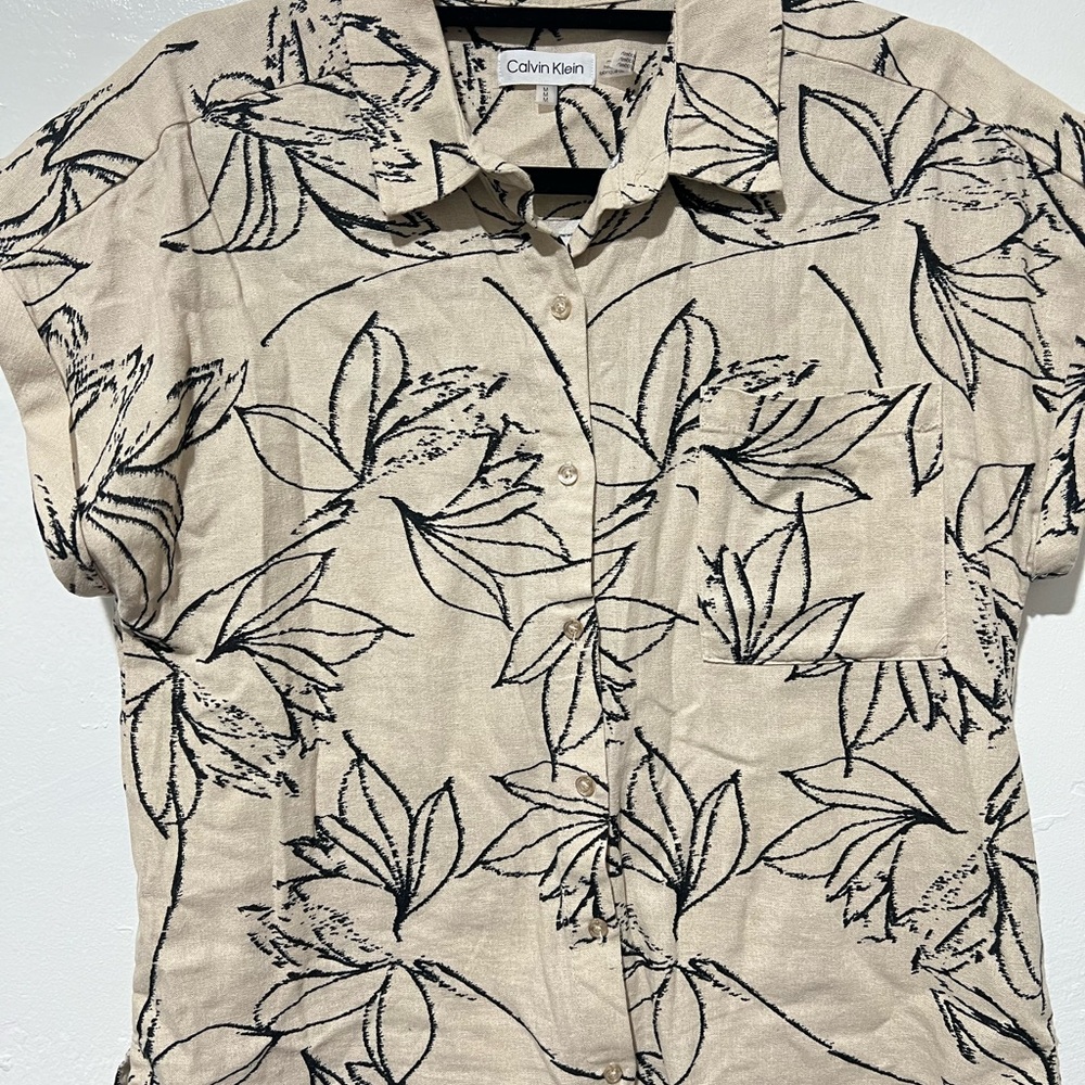 Calvin Klein Tan Shirt with Black Leaf Pattern